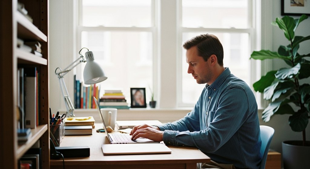 Ein Mann arbeitet konzentriert an seinem Laptop an einem ergonomischen Arbeitsplatz im Homeoffice.