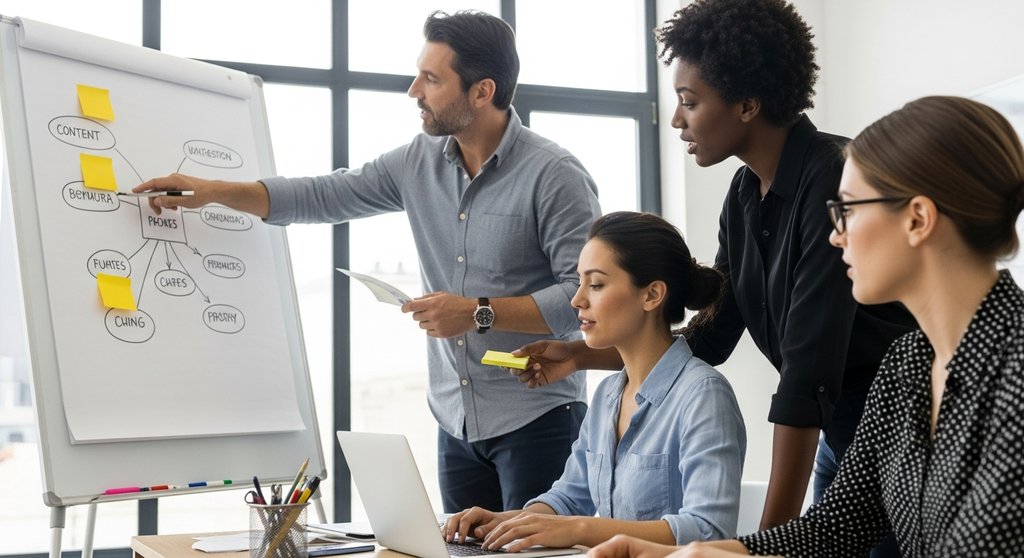 Ein Marketing-Team entwickelt in einem Meeting eine Content-Strategie für die Lead Generierung.