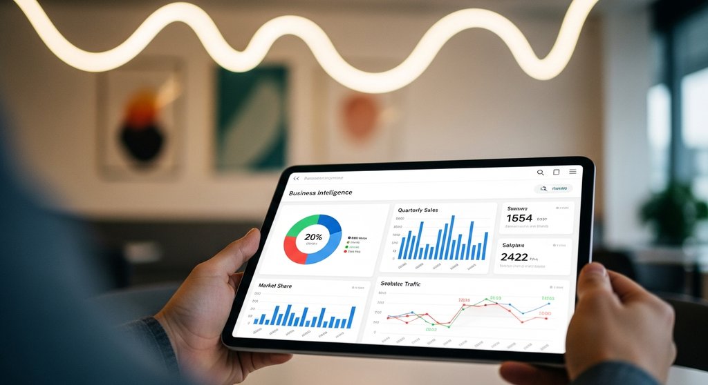 Ein modernes BI-Dashboard auf einem Tablet zeigt die Wichtigkeit von Datenvisualisierung.