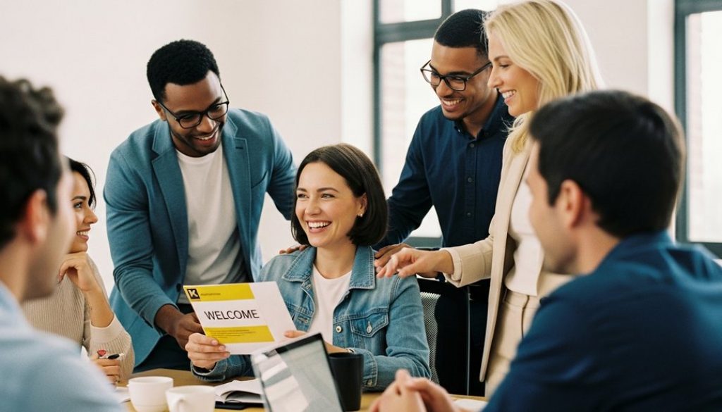 Ein neuer Mitarbeiter wird am ersten Tag herzlich von seinem Team in einem modernen Büro empfangen.