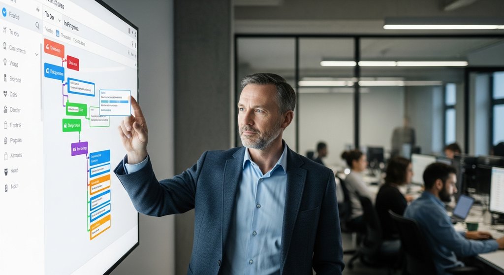 Ein Projektleiter organisiert Aufgaben an einem digitalen Kanban-Board, was eine der Kernaufgaben dieser Rolle im Projektmanagement ist.