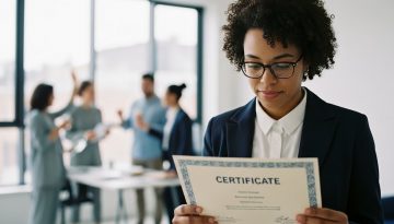 Ein Projektmanager betrachtet nachdenklich seine Projektmanagement Zertifizierung vor dem Hintergrund eines erfolgreichen Teams.