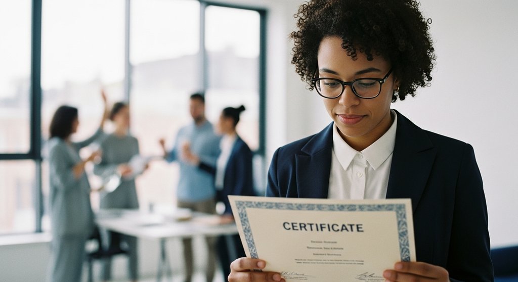 Ein Projektmanager betrachtet nachdenklich seine Projektmanagement Zertifizierung vor dem Hintergrund eines erfolgreichen Teams.