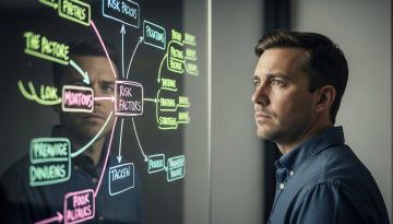 Ein Projektmanager steht nachdenklich vor einer Glaswand, auf der mit Leuchtstiften eine komplexe Mindmap mit Risikofaktoren und Verbindungen gezeichnet ist. Der Hintergrund ist unscharf, der Fokus liegt auf dem strategischen Blick der Person. Editorial Style, Shot on 35mm camera, Muted tones, Kodak Portra 400 style, sichtbare Hauttextur, Medium Shot, erzeugt eine Atmosphäre von Voraussicht und Kontrolle. →