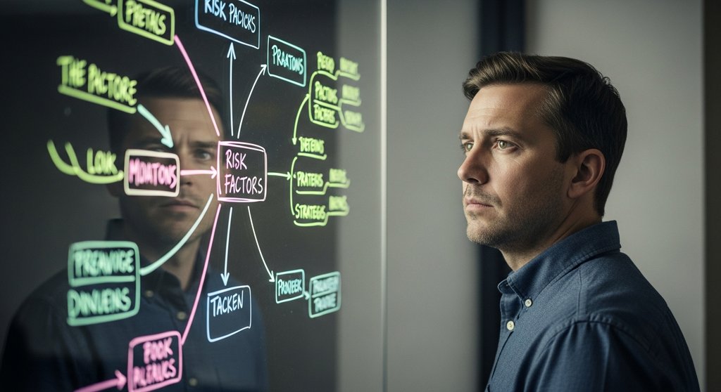 Ein Projektmanager steht nachdenklich vor einer Glaswand, auf der mit Leuchtstiften eine komplexe Mindmap mit Risikofaktoren und Verbindungen gezeichnet ist. Der Hintergrund ist unscharf, der Fokus liegt auf dem strategischen Blick der Person. Editorial Style, Shot on 35mm camera, Muted tones, Kodak Portra 400 style, sichtbare Hauttextur, Medium Shot, erzeugt eine Atmosphäre von Voraussicht und Kontrolle. →