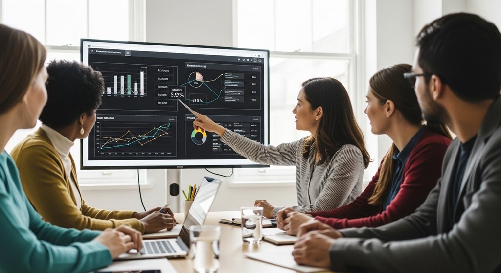 Ein Projektteam analysiert Kennzahlen des Projektcontrollings in einem Meeting.