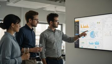 Ein Team analysiert ein komplexes Tableau-Dashboard auf einem großen Bildschirm in einem modernen Büro.