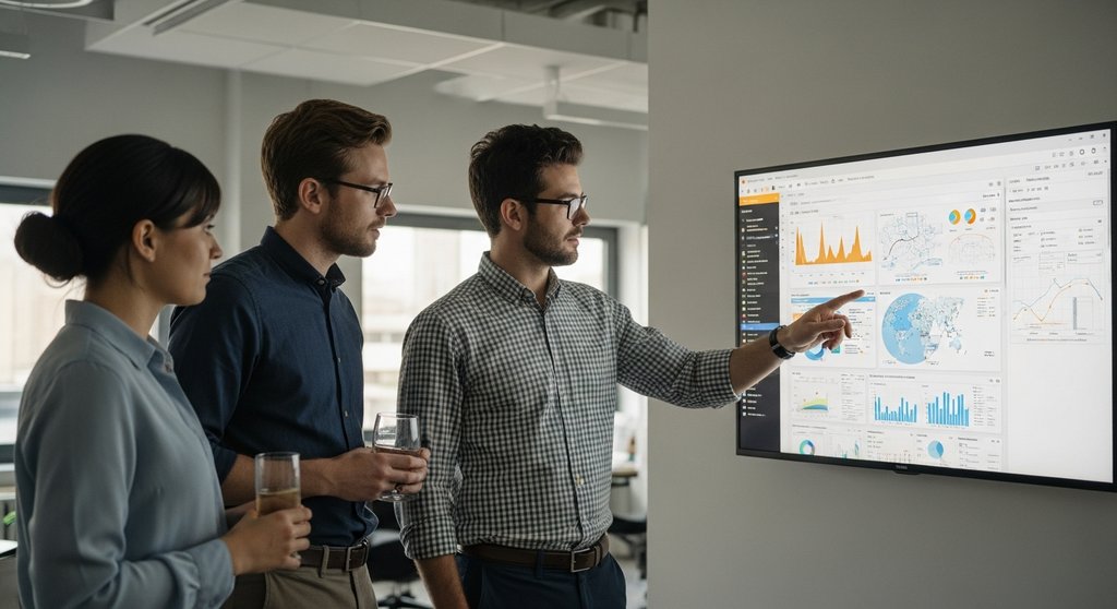 Ein Team analysiert ein komplexes Tableau-Dashboard auf einem großen Bildschirm in einem modernen Büro.