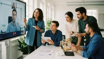 Ein Team arbeitet in einem modernen Digital Workplace kollaborativ an einem Projekt.