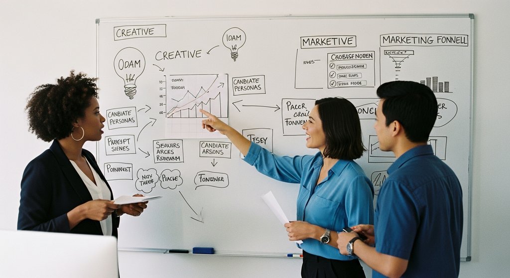 Ein Team aus HR- und Marketing-Experten entwickelt eine Recruiting-Marketing-Strategie.