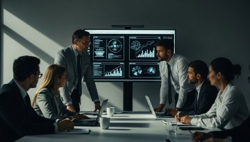Ein Team bei der Arbeit an einem Krisenmanagement Plan in einem modernen Büro.