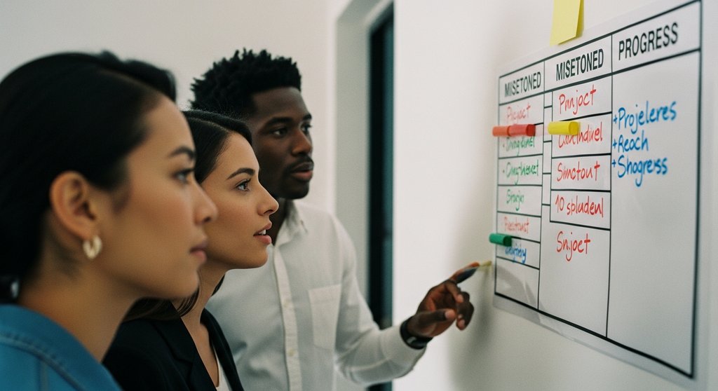 Ein Team betrachtet einen übersichtlichen Meilensteinplan an einer Wand und plant die nächsten Schritte im Projekt.
