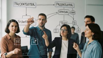 Ein Team definiert Rollen im Projektmanagement an einer transparenten Wand, um den Projekterfolg sicherzustellen.