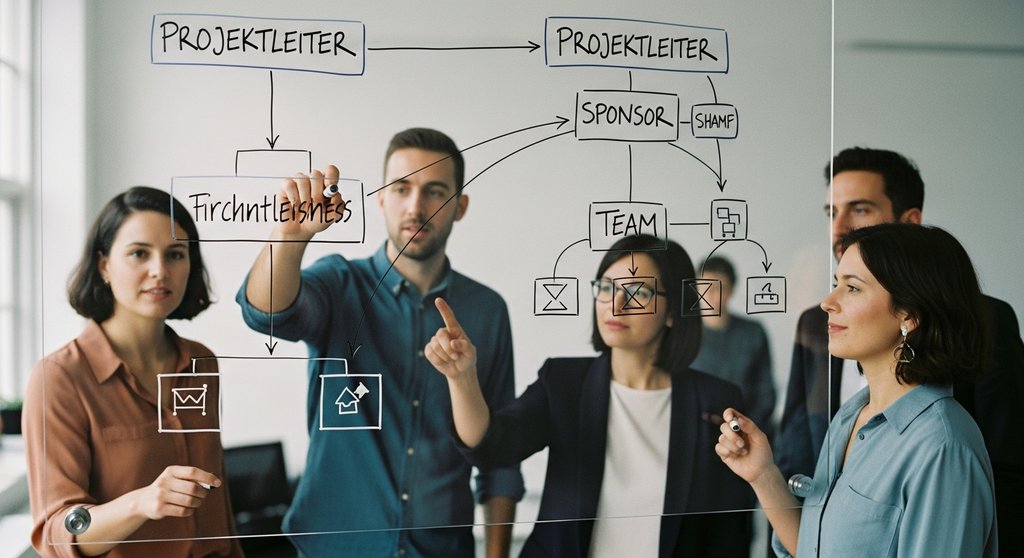 Ein Team definiert Rollen im Projektmanagement an einer transparenten Wand, um den Projekterfolg sicherzustellen.