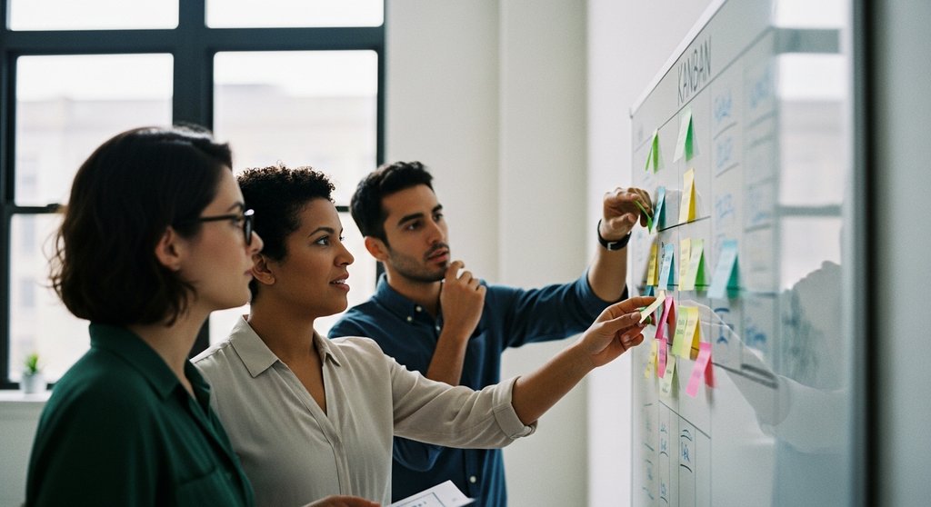Ein Team diskutiert konzentriert vor einem Kanban Board, um den Arbeitsfluss zu optimieren.
