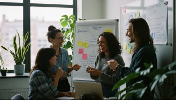 Ein Team diskutiert kreative Employer Branding Beispiele in einem modernen Büro.
