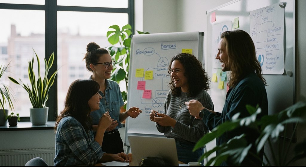 Ein Team diskutiert kreative Employer Branding Beispiele in einem modernen Büro.