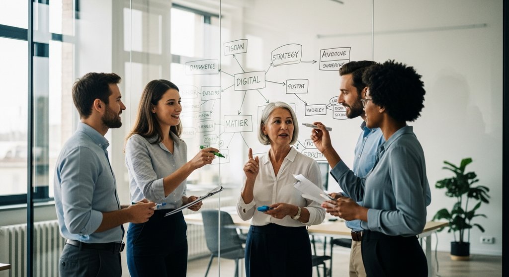 Ein Team entwickelt in einem Workshop eine digitale Transformationsstrategie an einem Whiteboard.