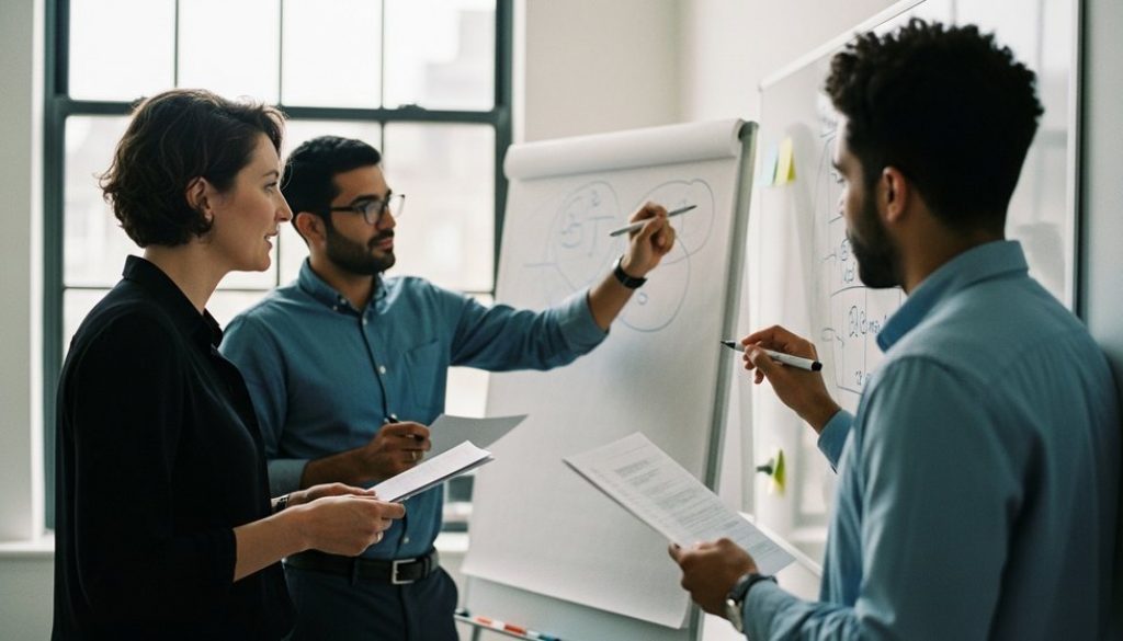 Ein Team entwickelt in einem Workshop eine Employer Branding Strategie am Whiteboard.