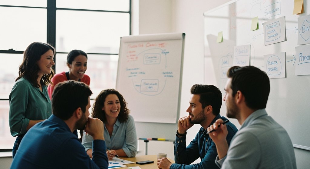 Ein Team kommuniziert seine Unternehmenskultur durch aktive Zusammenarbeit im Büro.