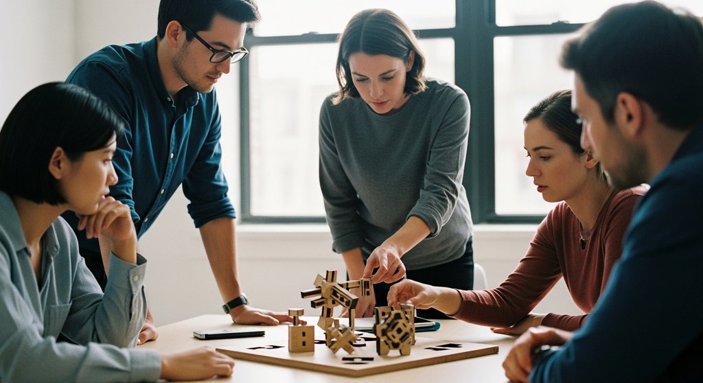 Ein Team löst unter Anleitung einer Führungskraft ein komplexes Puzzle als Metapher für Führungsstile im Vergleich.