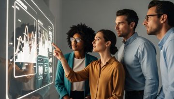Ein Team trifft eine datengetriebene Entscheidung anhand von Visualisierungen auf einem Bildschirm.