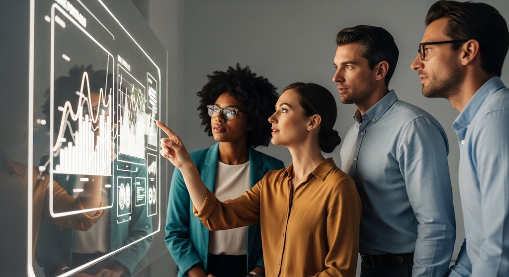 Ein Team trifft eine datengetriebene Entscheidung anhand von Visualisierungen auf einem Bildschirm.