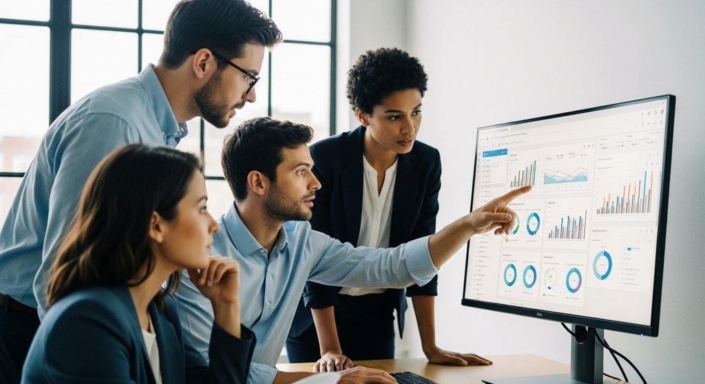 Ein Team von Analysten bespricht ein interaktives Power BI Dashboard zur datengestützten Entscheidungsfindung.