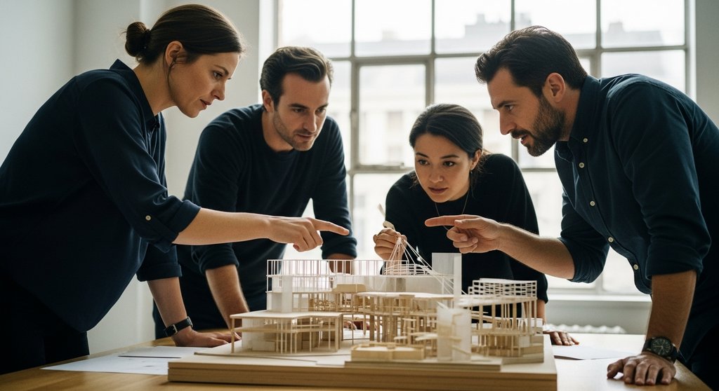 Ein Team von Architekten arbeitet an einem Modell, das die strategische Entwicklung einer Employer Value Proposition symbolisiert.