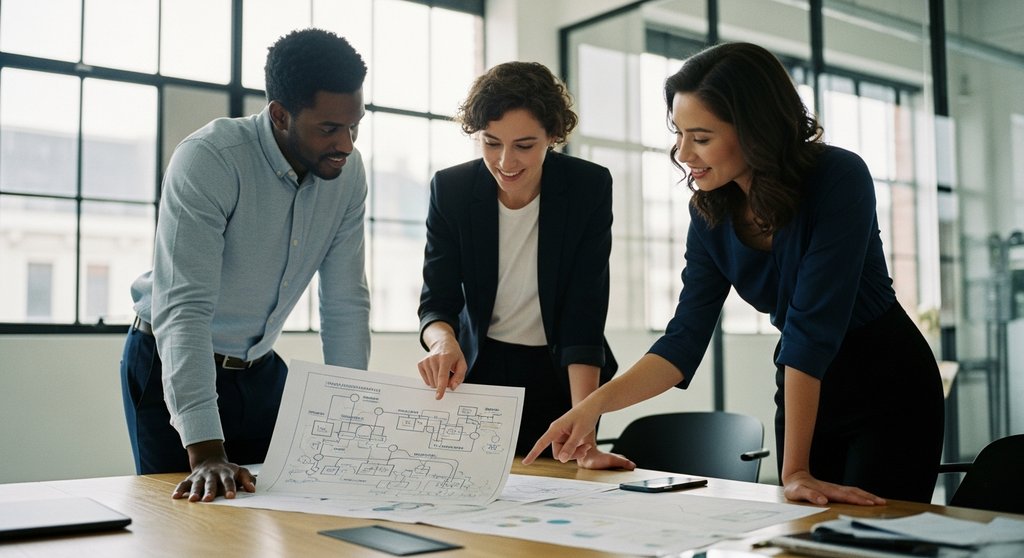 Ein Team von Experten arbeitet gemeinsam an einer Roadmap für die digitale Transformation.