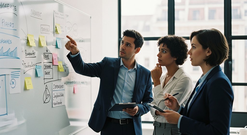 Ein Team von Experten diskutiert Herausforderungen der digitalen Transformation vor einem Whiteboard.