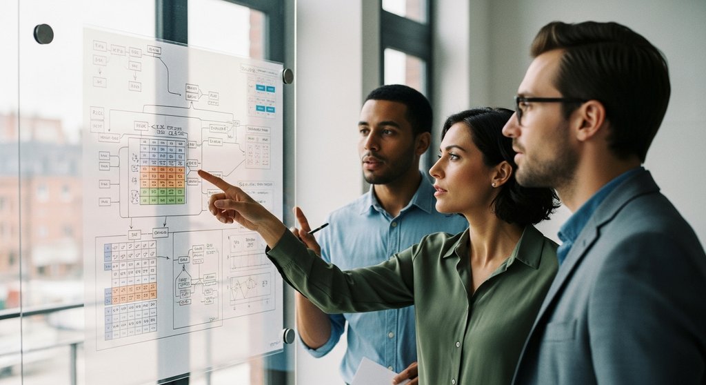 Ein Team von Experten diskutiert verschiedene Risikoanalyse Methoden vor einem Whiteboard.