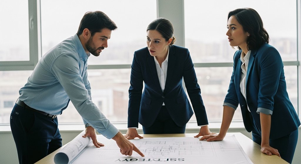 Ein Team von Experten plant eine erfolgreiche BI Implementierung an einem Besprechungstisch.