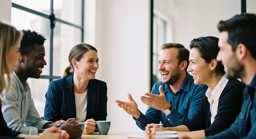 Ein Team von Kollegen hört gespannt einer Geschichte während einer Kaffeepause zu, was Storytelling im Recruiting symbolisiert.
