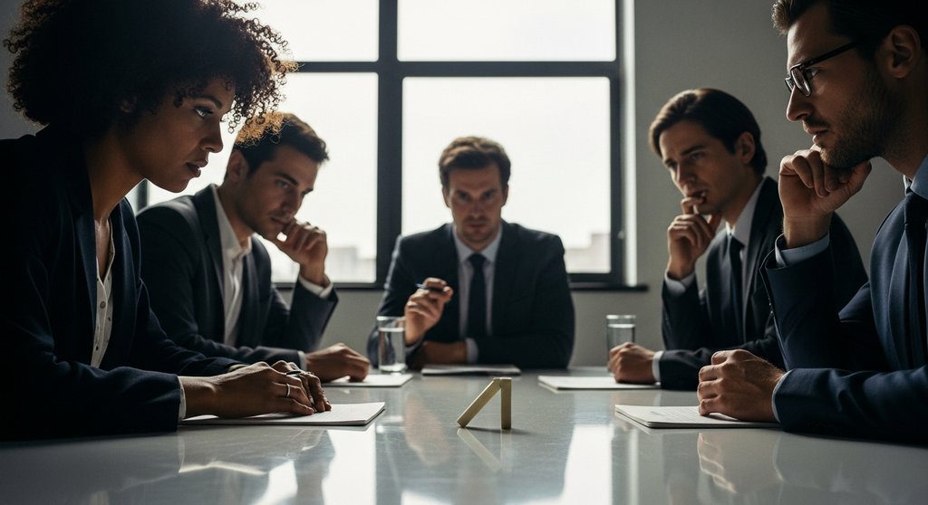 Ein Team von Managern analysiert operationelle Risiken, symbolisiert durch einen Dominostein.