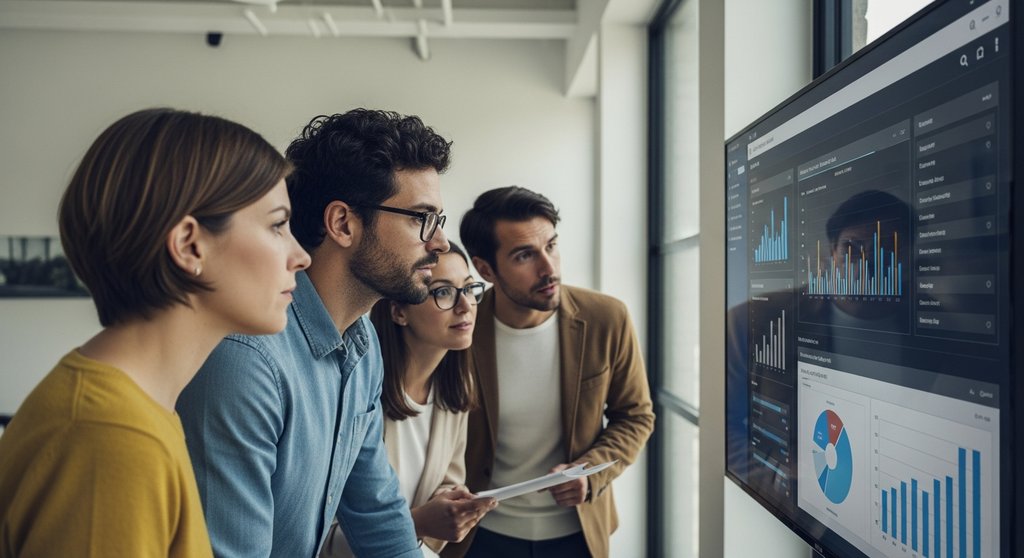 Ein Team von Managern blickt konzentriert auf einen großen Bildschirm mit interaktiven BI-Dashboards in einem modernen, lichtdurchfluteten Konferenzraum, was datengestützte Entscheidungsfindung symbolisiert. Editorial Style, Shot on 35mm camera, DSLR, High resolution photography, True-to-life colors, Muted tones, Slight film grain. Die Personen wirken natürlich in einer Diskussion vertieft (candid shot), sichtbare Hauttextur. Depth of field mit Fokus auf die Gesichter und den Bildschirm. Environmental Portrait. →