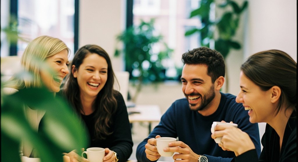 Ein Team von Mitarbeitern in einem KMU, das die positive Unternehmenskultur durch Employer Branding zeigt.