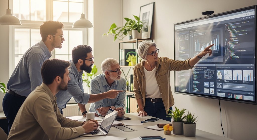 Ein Team von Mitarbeitern unterschiedlichen Alters arbeitet gemeinsam an einem digitalen Projekt, was die Überwindung von Hürden symbolisiert.