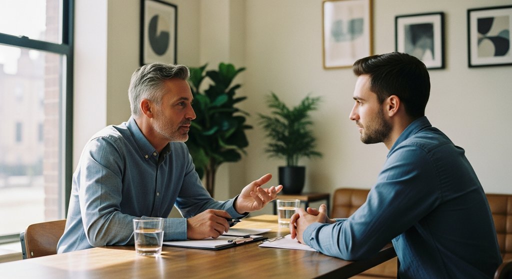 Ein Vorgesetzter im Gespräch zur Führungskräfteentwicklung als Instrument der Mitarbeiterbindung.