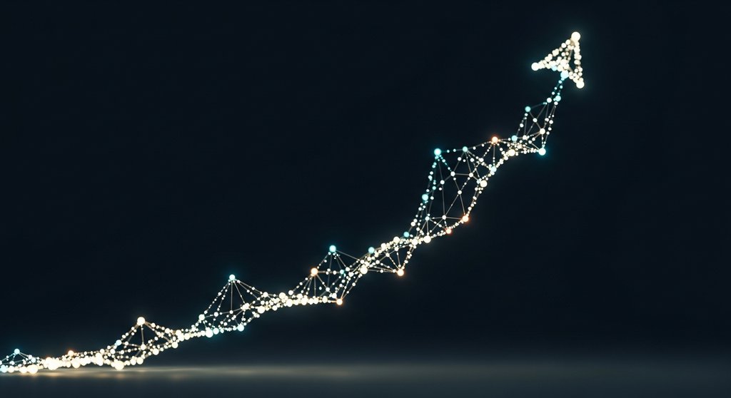 Eine aufsteigende Kurve aus leuchtenden Datenpunkten, die Wachstum und Umsatzsteigerung visualisiert. Abstract photography, DSLR shot with a shallow depth of field. The image captures a flowing, dynamic line graph made of bright, interconnected nodes against a dark, clean background. The aesthetic is futuristic yet tangible, representing data-driven growth. Muted tones with a single, strong accent color for the graph. High resolution.