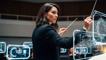 Eine Dirigentin als Symbol für visionäre Führung in der Digitalisierung leitet einen Strom aus digitalen Daten.