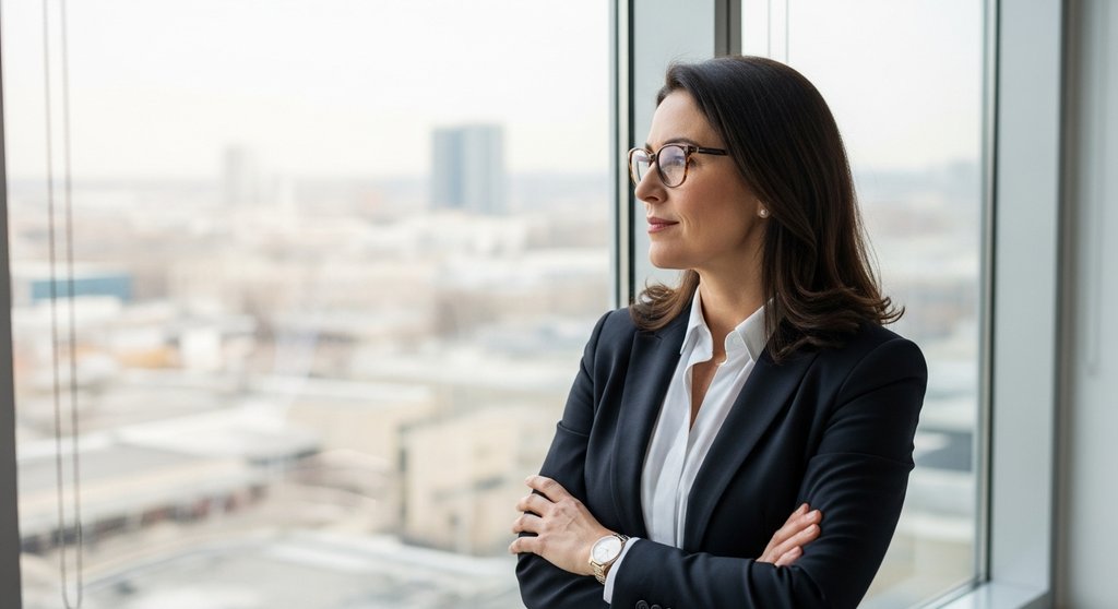 Eine Führungskraft blickt aus dem Fenster und visualisiert die strategischen Ziele der digitalen Transformation.
