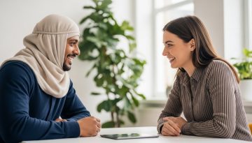Eine Führungskraft führt ein konstruktives Mitarbeitergespräch in einem modernen Büro.