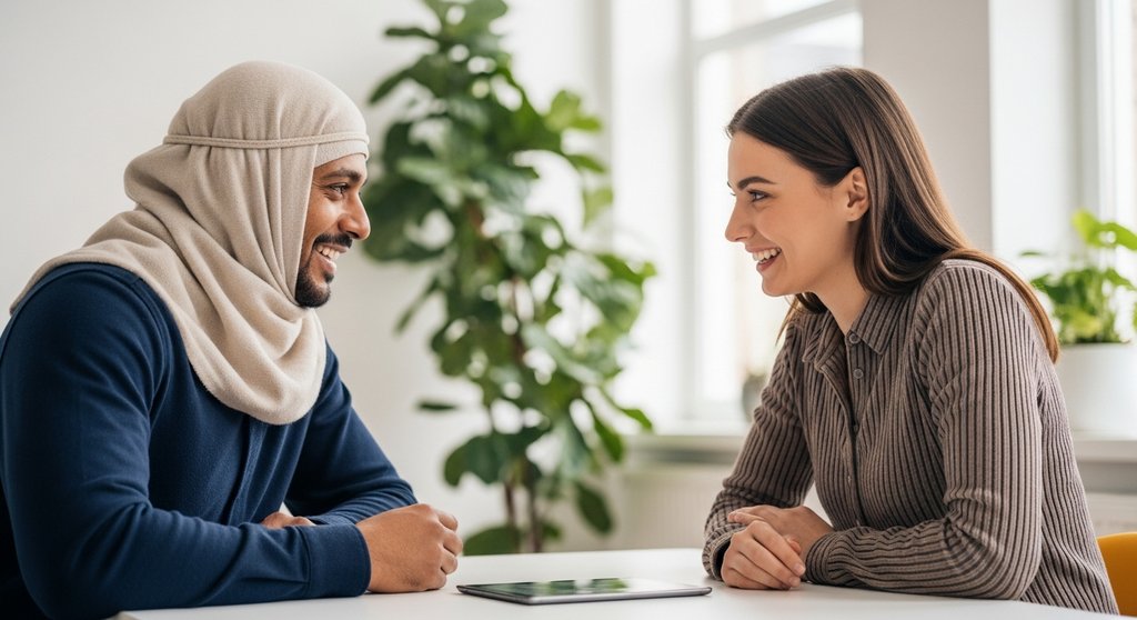 Eine Führungskraft führt ein konstruktives Mitarbeitergespräch in einem modernen Büro.