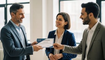 Eine Führungskraft überreicht einer Mitarbeiterin eine Auszeichnung als Zeichen der Mitarbeiteranerkennung.