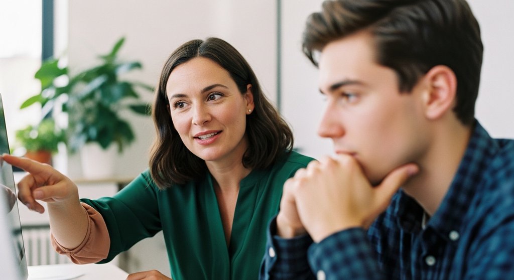 Eine Führungskraft wendet situative Führung an und coacht einen Mitarbeiter im Büro.