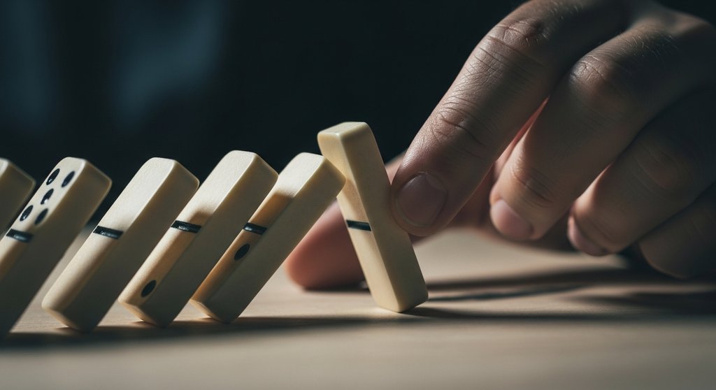 Eine Hand stellt Dominosteine auf, um das Konzept des Kreditrisikos und der Gefahr eines Forderungsausfalls zu visualisieren.