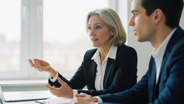 Eine HR-Managerin führt ein konstruktives Exit Gespräch mit einem ehemaligen Mitarbeiter in einem modernen Büro.