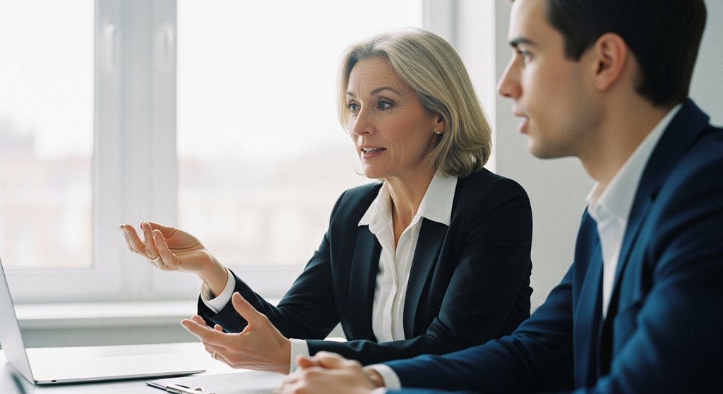 Eine HR-Managerin führt ein konstruktives Exit Gespräch mit einem ehemaligen Mitarbeiter in einem modernen Büro.