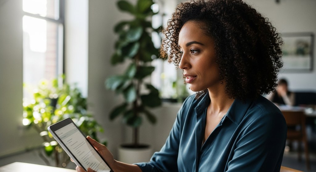 Eine HR-Managerin plant eine Social-Media-Recruiting-Strategie auf ihrem Tablet in einem modernen Büro.